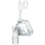 Clear plastic CPAP nasal mask with a short tube and headgear connector, designed for sleep apnea therapy.