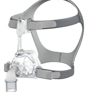 Clear CPAP nasal mask with gray straps, designed for sleep apnea therapy.