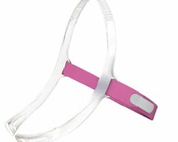 A transparent mask frame with a pink adjustable strap and a white velcro patch.