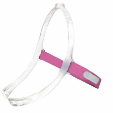 A transparent mask frame with a pink adjustable strap and a white velcro patch.