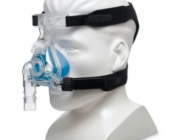 A mannequin head wearing a Respironics Comfort Gel Blue Nasal CPAP Mask.