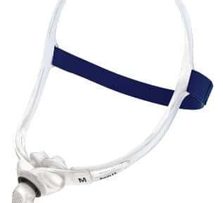 A white CPAP headgear with a blue strap and attached hose connector, shown on a white background.