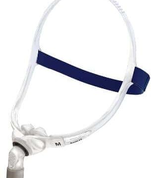 A white CPAP headgear with a blue strap and attached hose connector, shown on a white background.