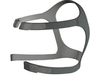Gray CPAP headgear frame with adjustable straps, designed to secure a sleep apnea mask to the face.