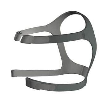 Gray CPAP headgear frame with adjustable straps, designed to secure a sleep apnea mask to the face.