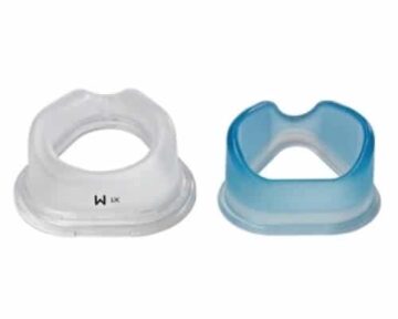 Two silicone mouthpiece cushions, one clear and one blue, placed side by side on a white background.