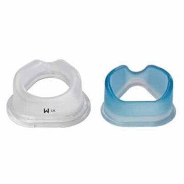 Two silicone mouthpiece cushions, one clear and one blue, placed side by side on a white background.