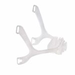 Clear plastic headgear frame for a CPAP nasal mask, shown on a white background.