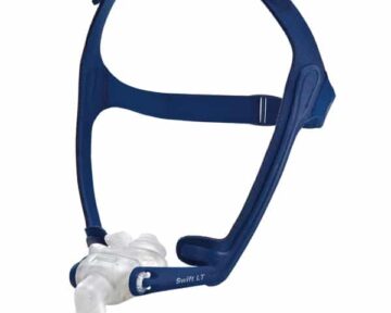Blue CPAP nasal mask with headgear straps and a white hose attachment, labeled "Swift LT.