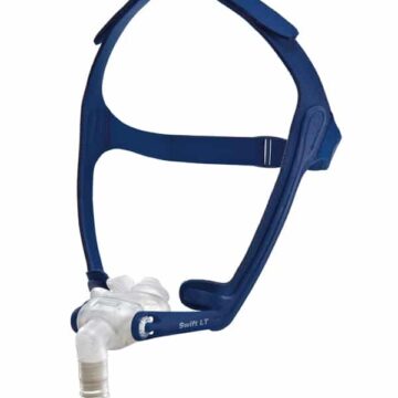 Blue CPAP nasal mask with headgear straps and a white hose attachment, labeled "Swift LT.