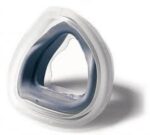 Silicone mask cushion with a triangular shape and soft white and gray edges, for a CPAP or respiratory mask.