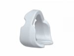 White, curved, plastic dental device or mouth guard shown against a plain white background.