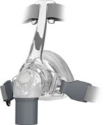Clear CPAP nasal mask with gray headgear straps, viewed from the front.