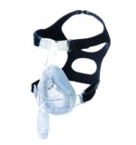 Clear CPAP face mask with headgear straps, used for sleep apnea therapy, on a white background.