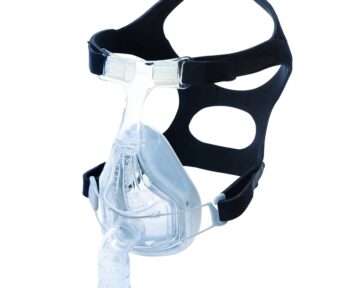 Clear CPAP face mask with headgear straps, used for sleep apnea therapy, on a white background.