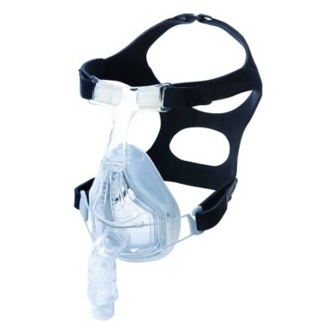 Clear CPAP face mask with headgear straps, used for sleep apnea therapy, on a white background.