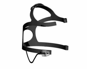 Black plastic headgear with adjustable straps and a buckle, displayed on a white background.