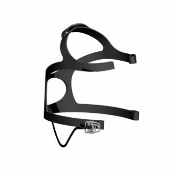 Black plastic headgear with adjustable straps and a buckle, displayed on a white background.