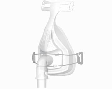 Illustration of a CPAP mask with headgear and attachments, shown in a light gray outline.