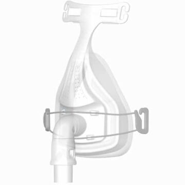 Illustration of a CPAP mask with headgear and attachments, shown in a light gray outline.
