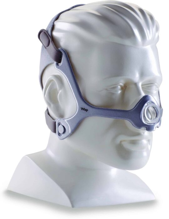 A mannequin head wearing a CPAP nasal mask with adjustable straps around the face and head.