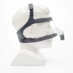 A mannequin head wearing a CPAP mask with headgear, shown from the side on a white background.