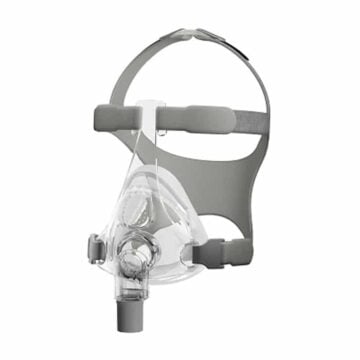 Clear CPAP full face mask with gray headgear straps, designed for sleep apnea therapy.