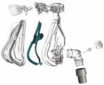 Disassembled CPAP mask parts, including straps, cushions, and connectors, laid out on a white background.