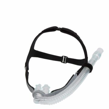 Black CPAP nasal mask with headgear and attached flexible hose on a white background.