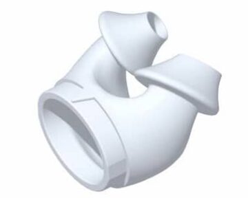 White 3D-printed plastic pipe fitting with three curved openings and a cylindrical base.