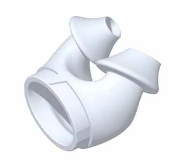 White 3D-printed plastic pipe fitting with three curved openings and a cylindrical base.