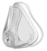 Clear silicone CPAP nasal mask cushion with a round valve opening, viewed from the front and slightly to the side.