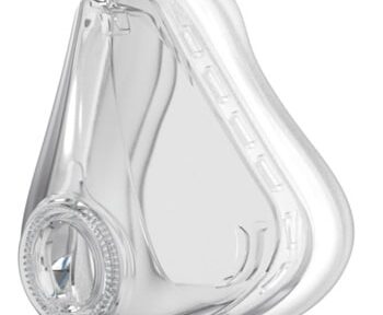 Clear silicone CPAP nasal mask cushion with a round valve opening, viewed from the front and slightly to the side.