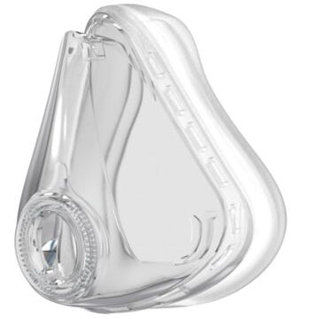 Clear silicone CPAP nasal mask cushion with a round valve opening, viewed from the front and slightly to the side.