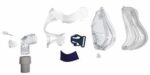 Seven transparent and white CPAP mask parts arranged in a row on a white background.