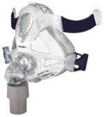 Clear CPAP full face mask with blue head straps, used for sleep apnea therapy.