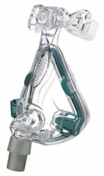Clear full-face CPAP mask with teal accents, headgear clips, and ResMed branding at the top.