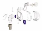 Exploded view of a clear plastic CPAP mask showing all separate components, including clips and connectors.