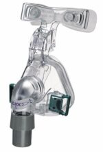 Clear CPAP nasal mask with plastic frame, headgear clips, and exhalation port, used for sleep apnea therapy.