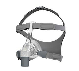 Gray and clear CPAP nasal mask with adjustable headgear straps, shown from the front.