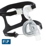 Clear plastic CPAP nasal mask with black adjustable headgear straps, shown on a white background. F&P logo.
