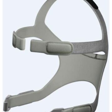 Gray CPAP mask headgear with adjustable straps and Velcro fasteners, shown against a light background.