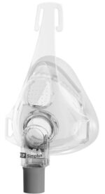 A clear CPAP full-face mask with a gray connector labeled "Simplus" at the bottom.
