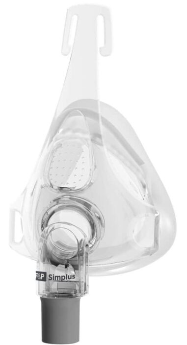 A clear CPAP full-face mask with a gray connector labeled "Simplus" at the bottom.