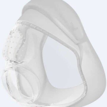 Transparent silicone CPAP nasal mask cushion with a contoured design for a comfortable fit on the face.