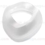 Clear, triangular silicone respirator mask seal viewed from above on a white background.