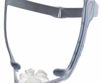 Nasal CPAP mask with adjustable headgear and attached tubing for sleep apnea therapy.