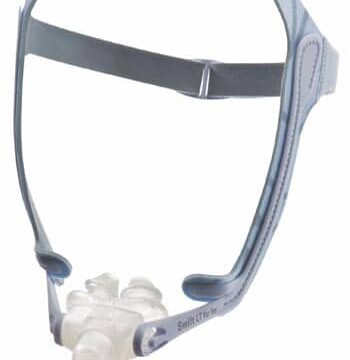 Nasal CPAP mask with adjustable headgear and attached tubing for sleep apnea therapy.