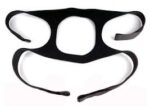 Black CPAP mask strap with openings and extended loops for securing around the head.