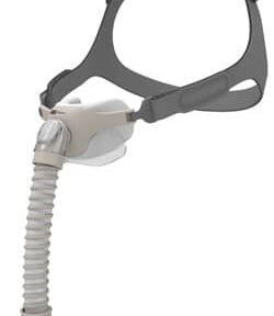 Nasal CPAP mask with gray headgear and a flexible tube for sleep apnea treatment.